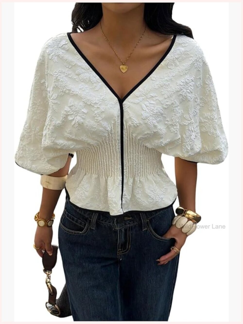 Cinched Waist Babydoll Peplum Top Bat Wing 3/4 Sleeve Boho Y2K Blouse